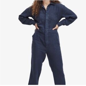 Mate the label xs organic linen Navy Long-Sleeve Utility Jumpsuit